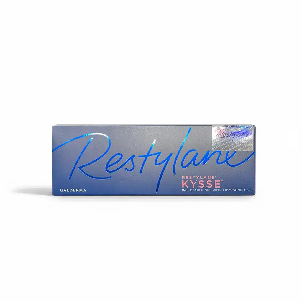 A blue and purple box of RESTYLANE® KYSSE with Lidocaine features a shiny security sticker in the top right corner.