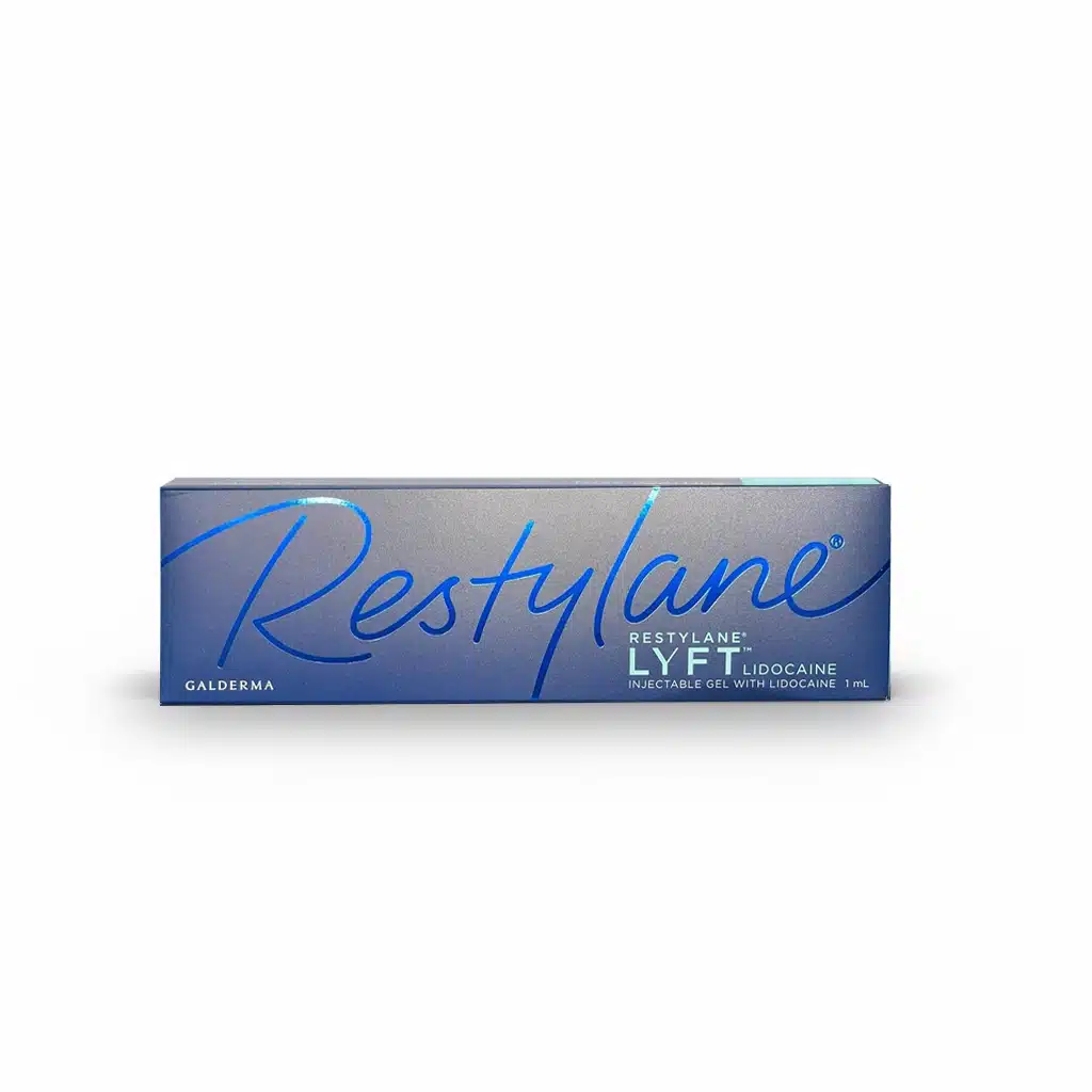 A blue rectangular box labeled "RESTYLANE® LYFT with Lidocaine" containing 1mL injectable gel by Galderma, displayed against a plain white background.