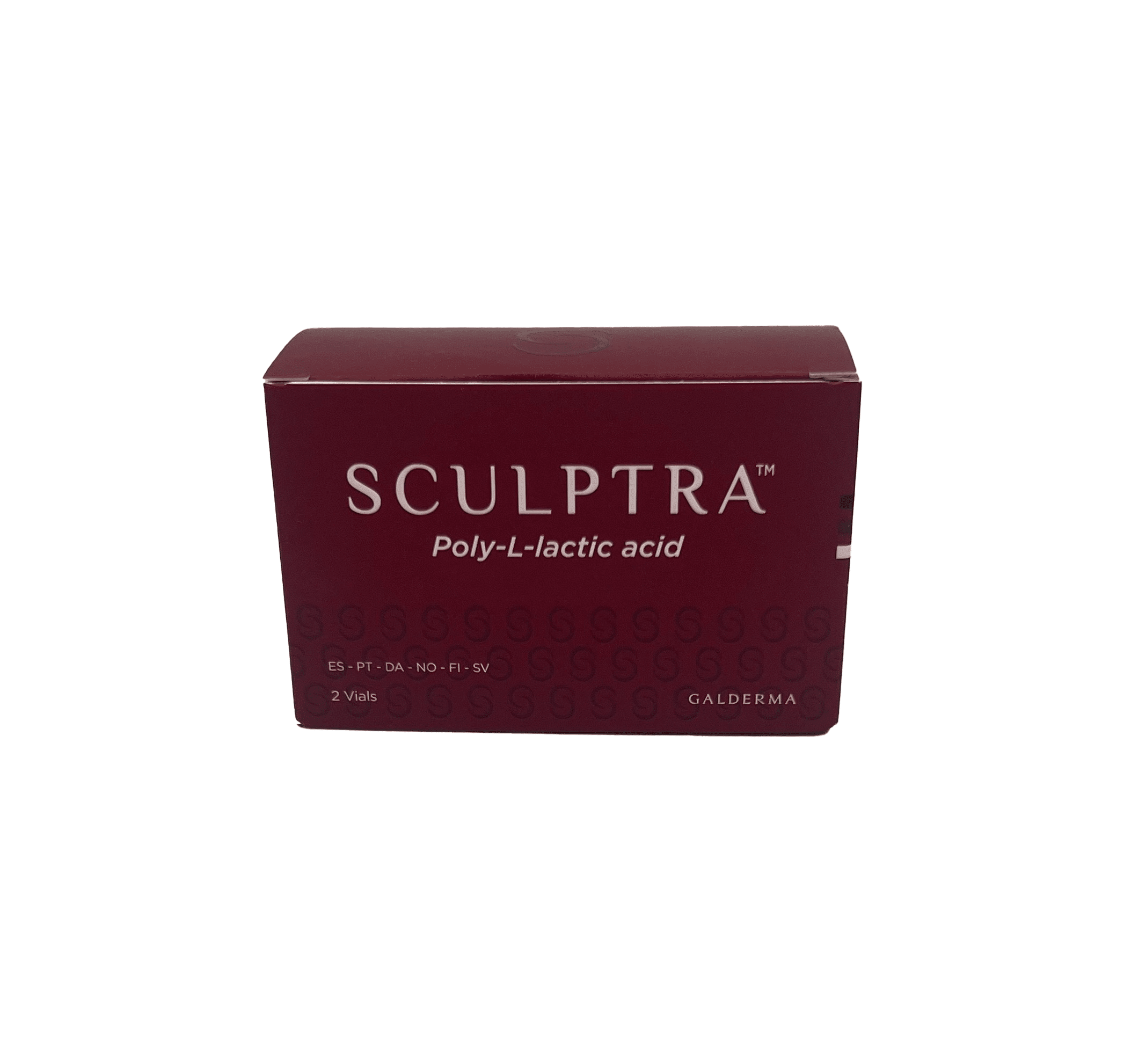 A maroon box labeled "SCULPTRA® 2 vials" containing Poly-L-lactic acid by Galderma.