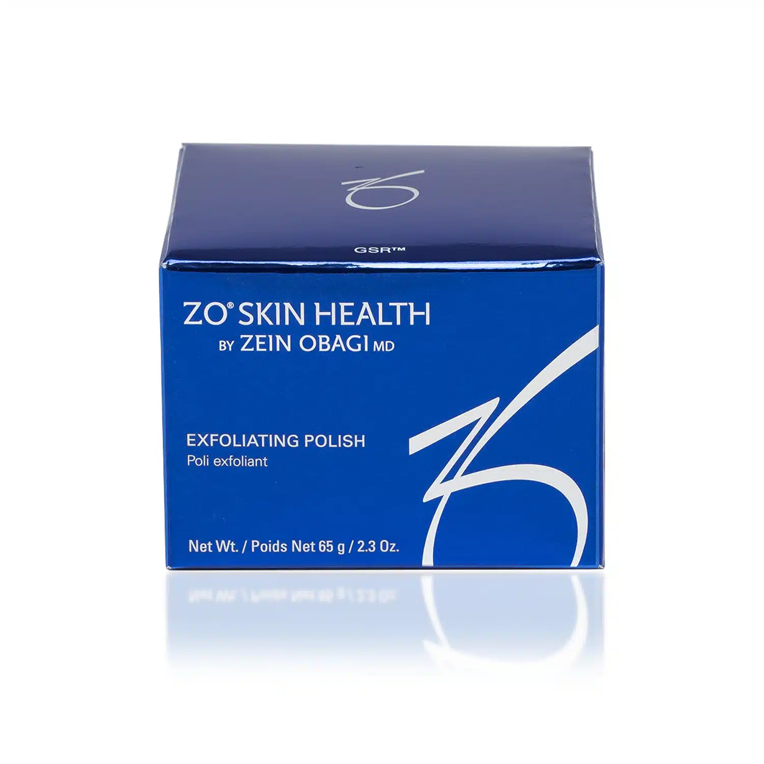 A blue box of ZO® EXFOLIATING POLISH by Zein Obagi MD is centered against a white background. The label features white text and the brand's logo. The box indicates the product weight as 65 grams (2.3 ounces).