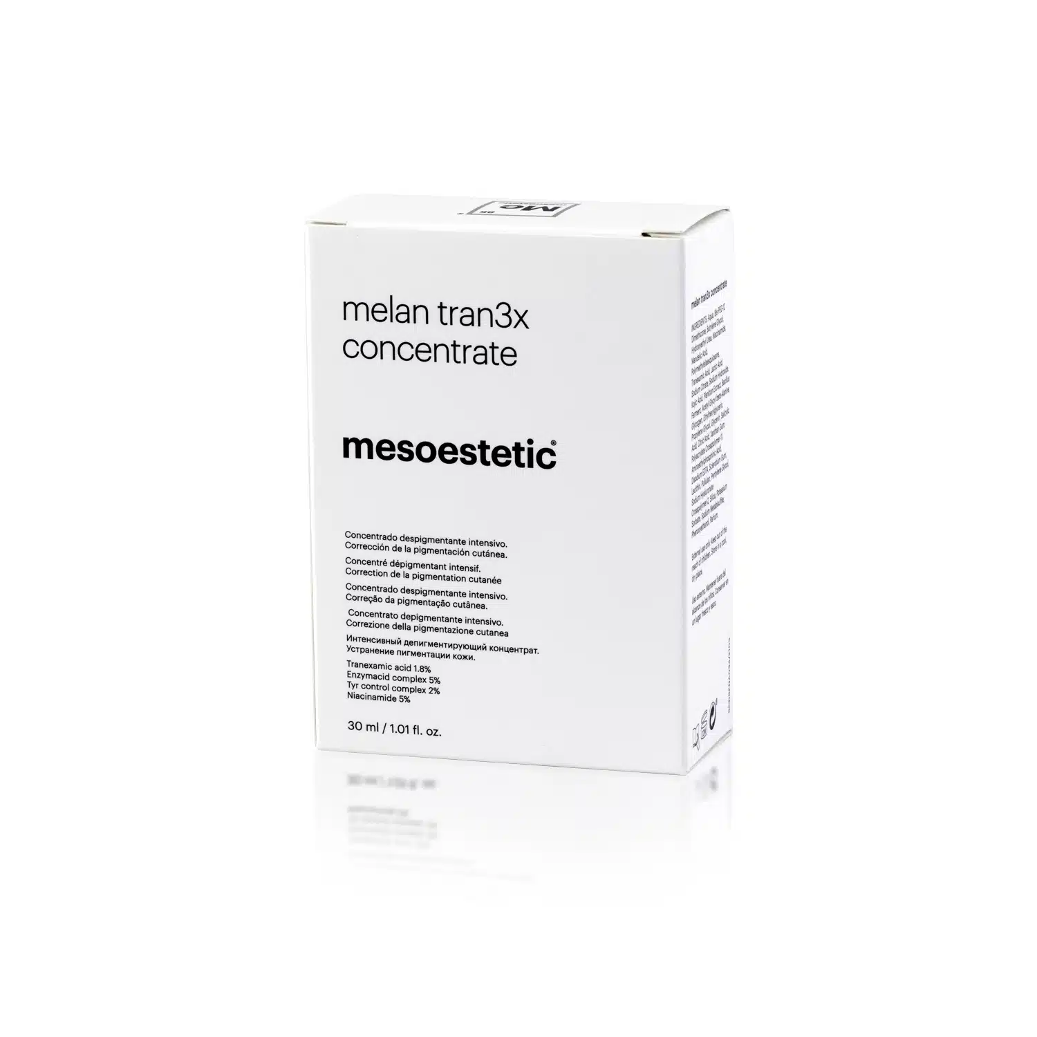 A white box of MESOESTETIC® MELAN TRAN3X CONCENTRATE, a skincare product, is shown against a white background. The box has black text listing product details and contains 30 ml (1.01 fl. oz.) of the concentrate.