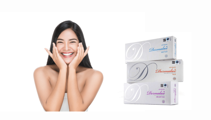 Joyful woman touching her cheeks with Dermalax filler packages on display, suggesting satisfaction with the product's longevity and maintenance