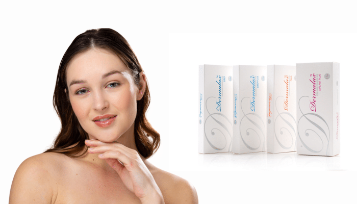 Young woman showcasing her clear complexion alongside Dermalax filler product range