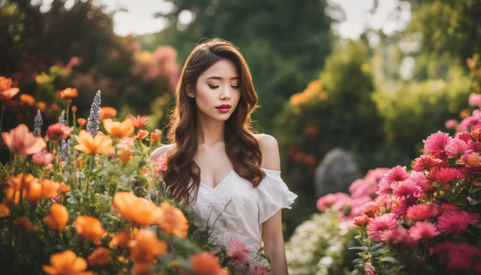 Elegant woman with flowing hair standing in a garden of vibrant flowers, evoking natural beauty that complements Dermalax filler result