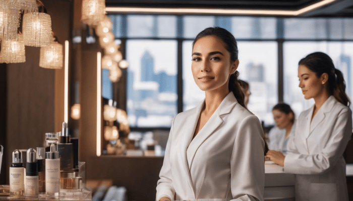 Confident professional woman in a modern cosmetic setting, possibly an aesthetician or a dermatologist, with skincare products indicative of beauty and skin treatments like Dermalax fillers