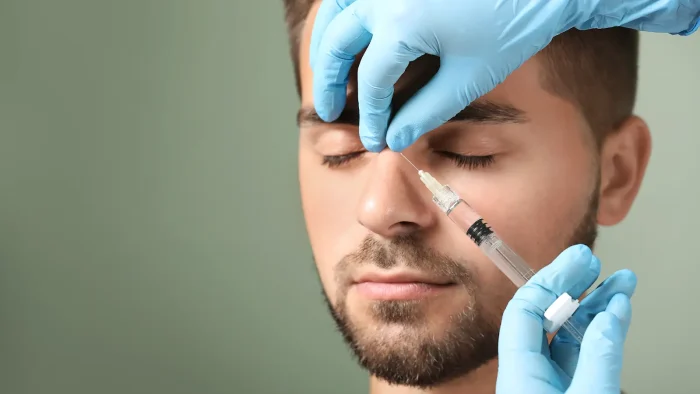 A man with a beard has his eyes closed while receiving a syringe injection to his forehead. A person wearing blue gloves administers the shot against a plain green background.