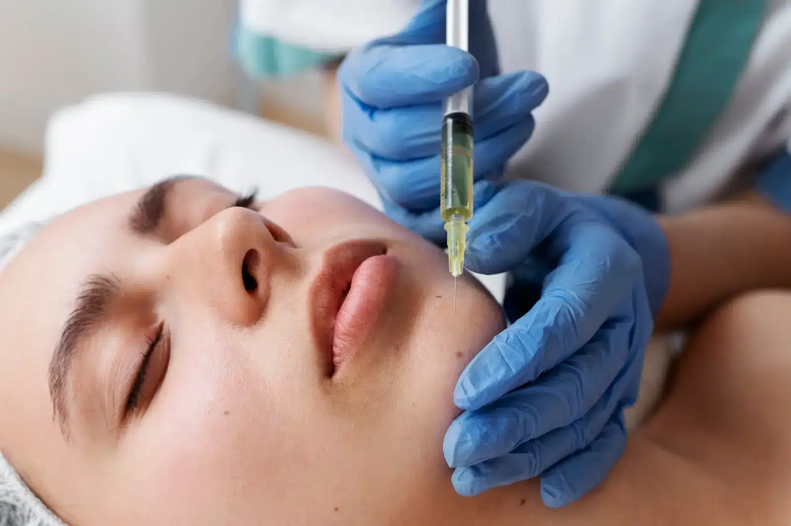A person with closed eyes receives a skincare treatment on their chin. A professional wearing blue gloves holds a syringe filled with greenish liquid near their face, while the client wears a protective cap.