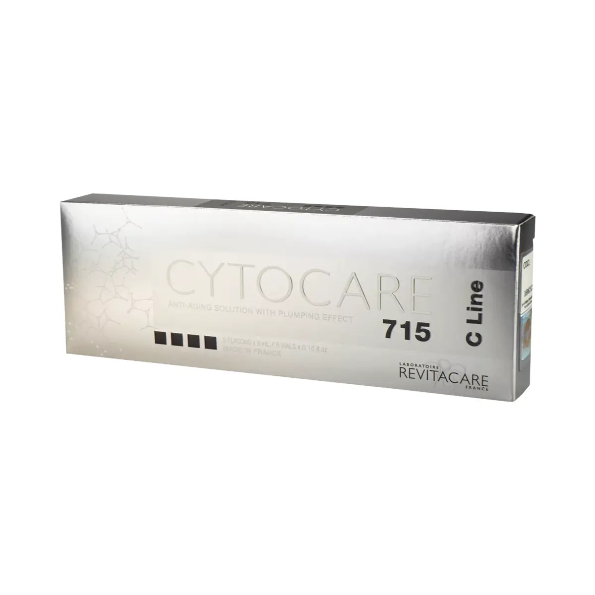 A silver and white box labeled "CYTOCARE® 715 C-Line" by Revitacare, an anti-aging solution known for its plumping effect. The packaging displays clinical branding and a subtle geometric design.