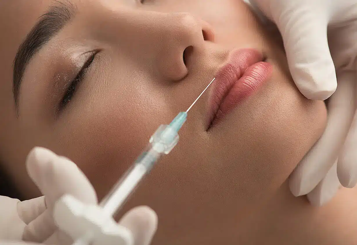 A close-up of a person with closed eyes receiving a cosmetic injection in the lips. A gloved hand holds their face while another gloved hand administers the syringe.
