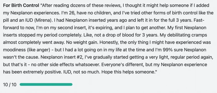 A user review discusses Nexplanon as a birth control method, describing positive experiences, no side effects, and a preference over IUDs, with a 10/10 rating displayed at the bottom.
