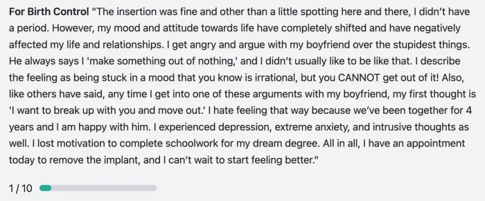 A block of text describes someone's negative emotional and mental health experiences after starting birth control, including mood swings, anxiety, depression, and relationship issues. A green progress bar reads "1/10" at the bottom.