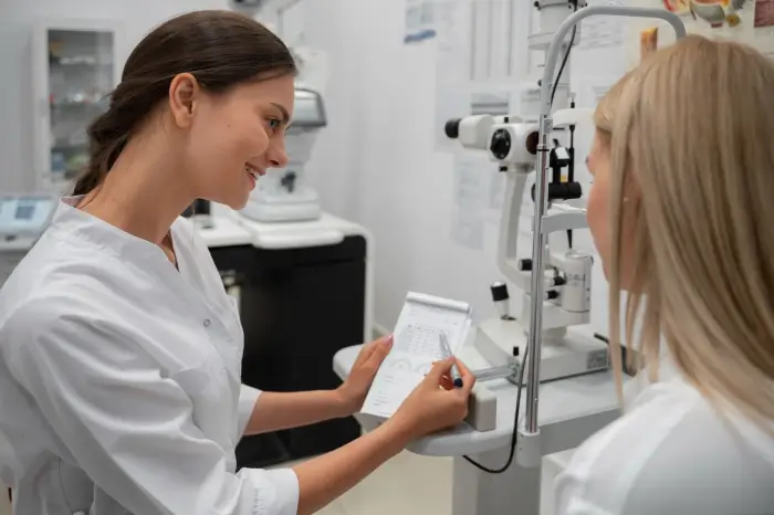 A female optometrist in a white coat shows an eye chart to a patient in an eye exam room, explaining results with a pen while both sit near ophthalmic equipment.