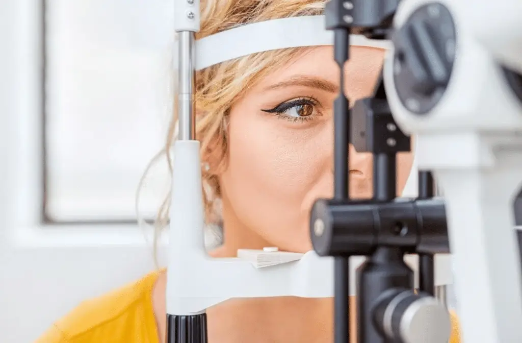 A woman with blonde hair undergoes an eye exam, looking into a slit lamp machine at an optometrist’s office, with her face partially framed by the equipment.